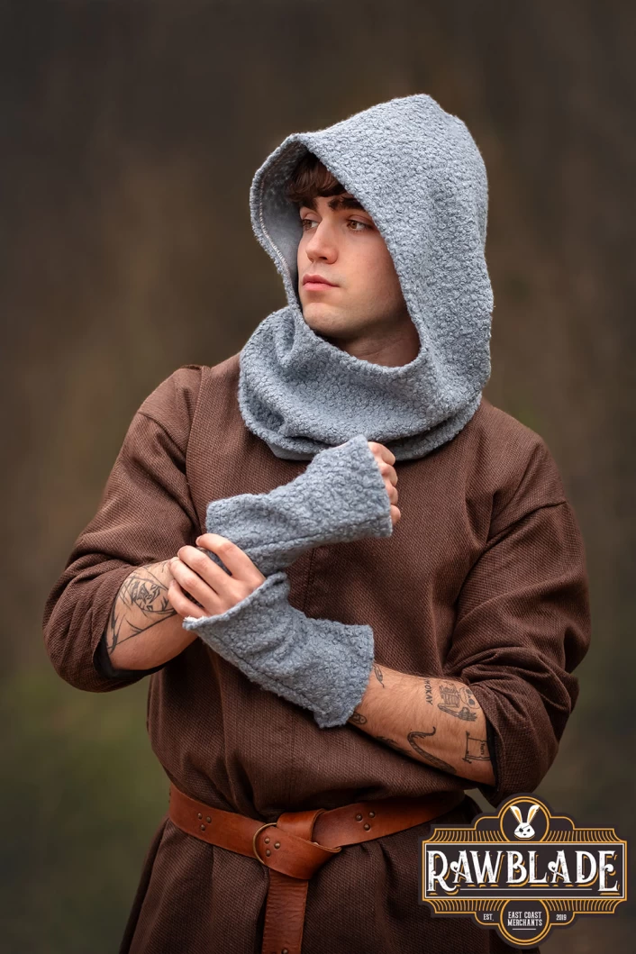 Cloudy Grey Medieval Hood & Mittens Set