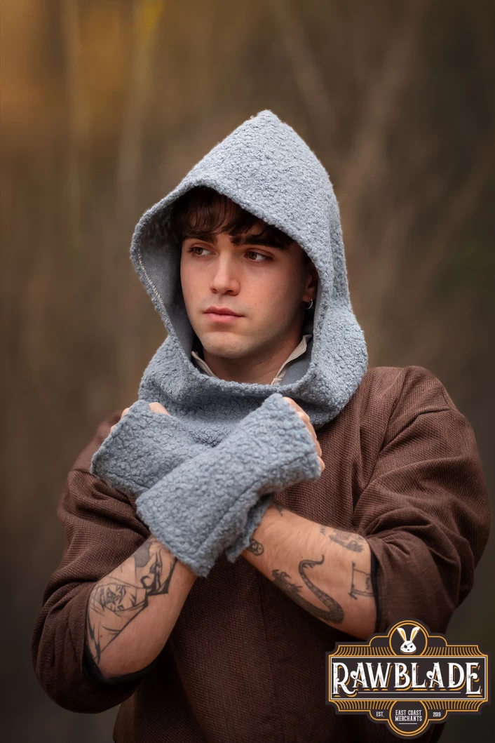 Cloudy Grey Medieval Hood & Mittens Set