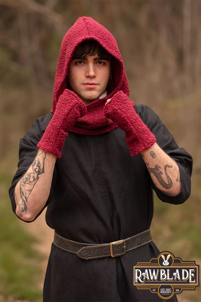 Burgundy Medieval Hood & Mittens Set