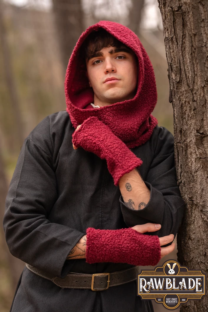 Burgundy Medieval Hood & Mittens Set